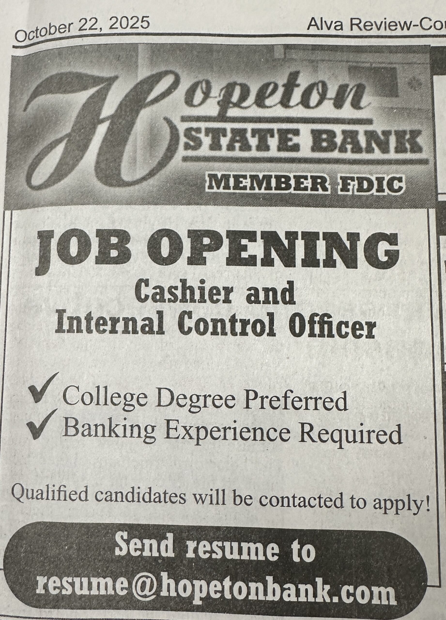 Hopeton State Bank ~ 10.22.25